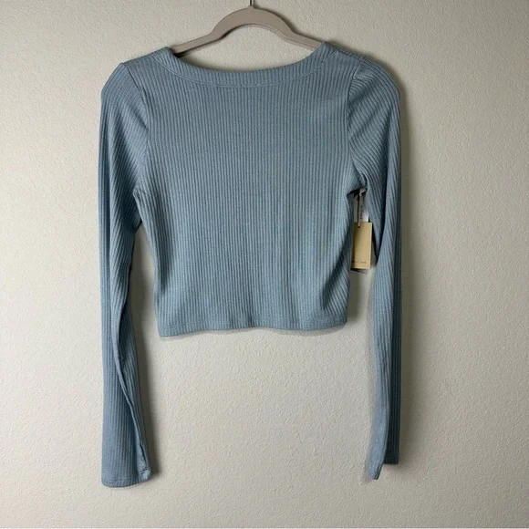 NEW Wilfred Free Dune Blue Neptune Ribbed Long Sleeve Crop Button Up Top Small - Picture 2 of 7